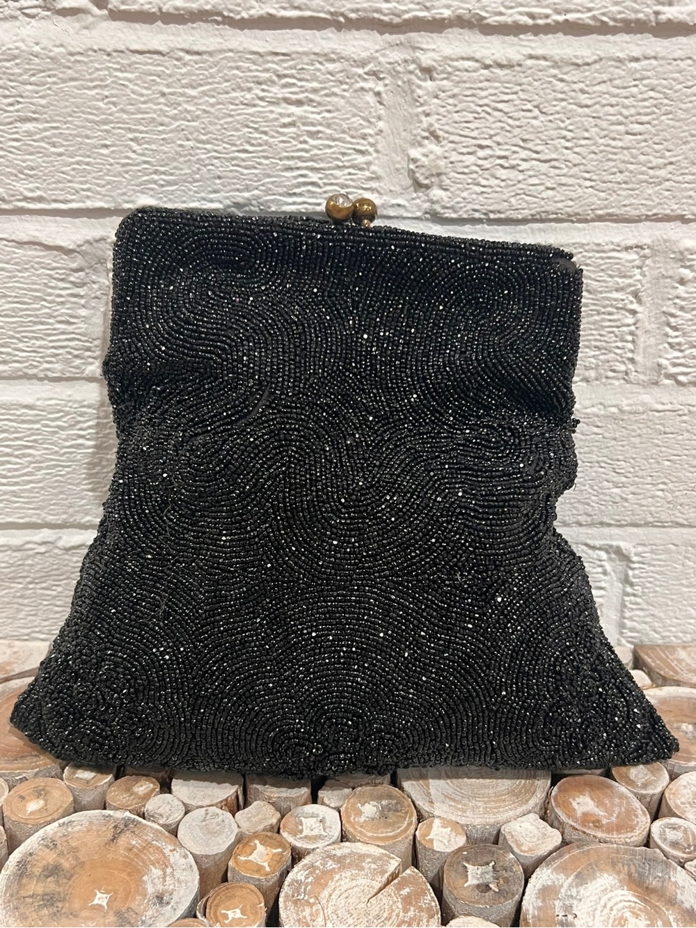 Vintage Black Beaded Evening Bag Rhinestone Kiss Lock Clutch Purse